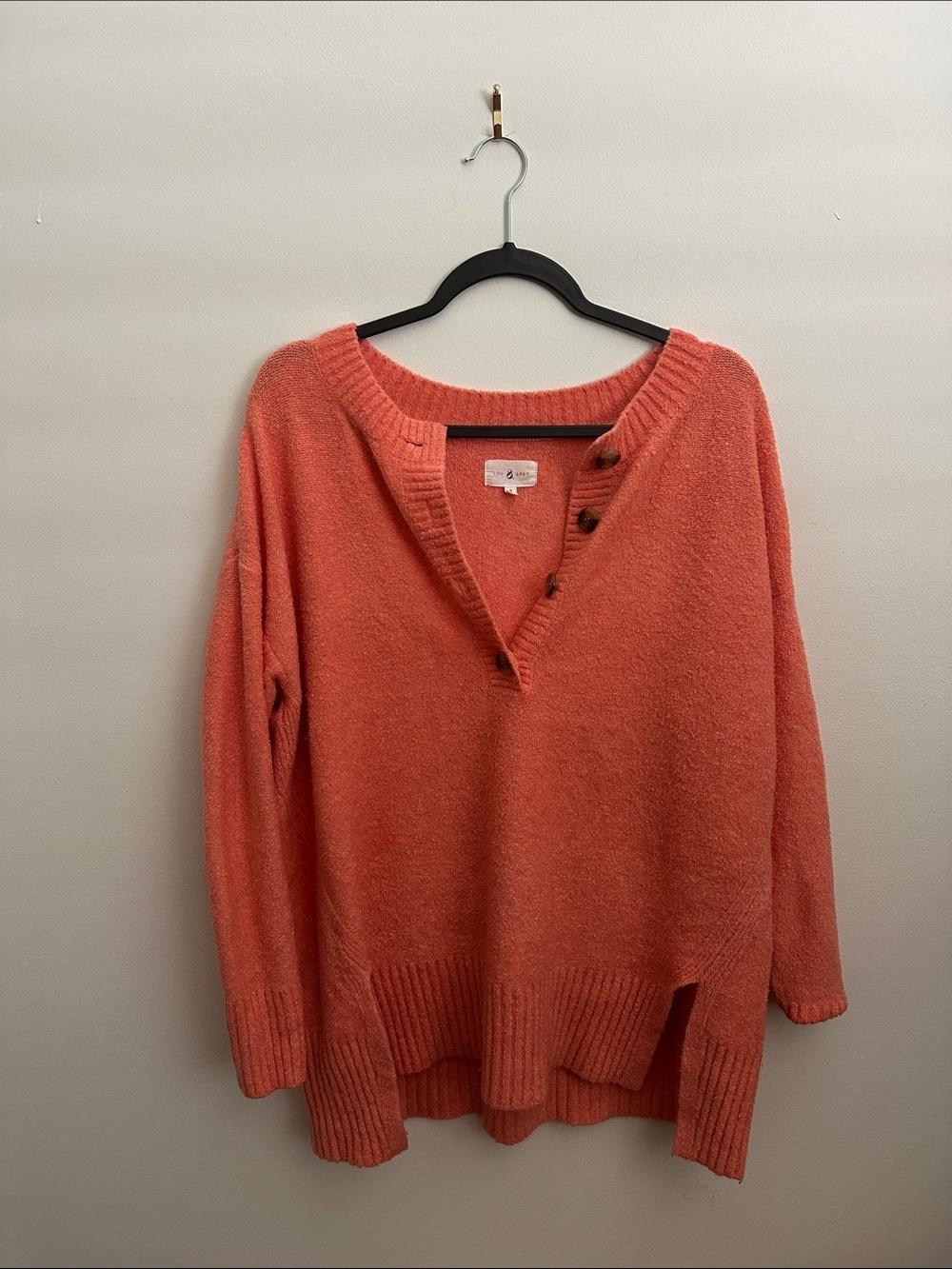 Women's V-Neck Button-Detail Sweater in Coral